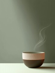 Poster - A tea cup releases smooth, curling steam, creating a warm atmosphere in a serene, minimalist space with a green backdrop. Generative AI
