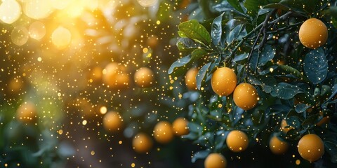 Poster - Golden Light Illuminating Ripe Oranges on a Branch