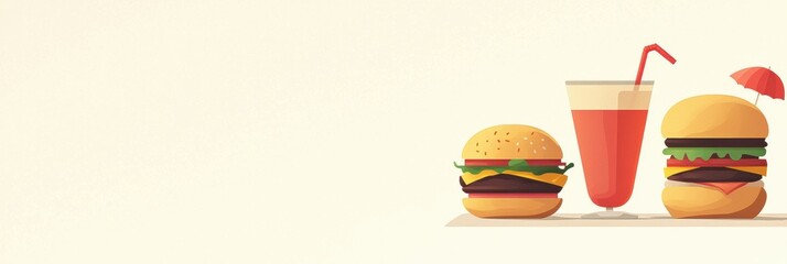 Poster - Savor tasty burgers paired with a cool drink, all set against a clean, minimalist backdrop ideal for casual dining moments. Generative AI