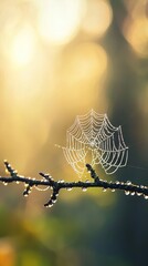 Wall Mural -   A detailed image of a spider web on a tree branch with droplets of water hanging from it