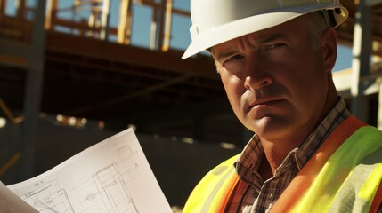Poster - A construction worker in a white hard hat and reflective vest, inspecting blueprints with a critical look while looking directly at the camera