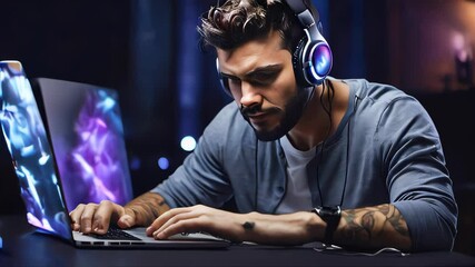 Poster - A man sits at a table and works on a laptop computer