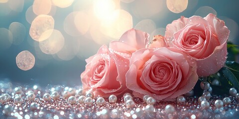 Poster - Pink Roses with Dew Drops Resting on a Bed of Pearls