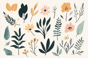 Poster - A collection of minimalist doodles showcases a variety of leaves and flowers in soothing colors, celebrating nature's elegance. Generative AI