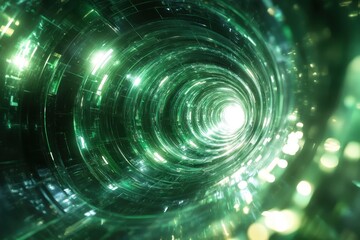 Poster - Spiral of glowing green light in a digital tunnel evoking a sense of depth and motion