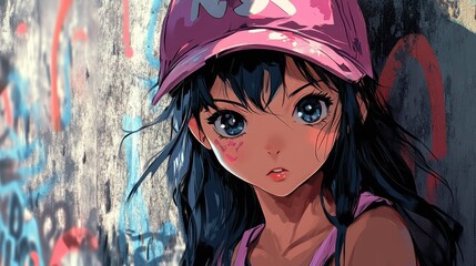 Wall Mural - Beautiful anime girl, graffiti Artist. Generative AI