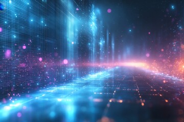 Poster - A vibrant digital landscape with glowing particles and lines at night