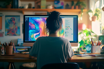 A woman working on abstract digital illustrations in a cozy home studio filled with plants, concentrating on her desktop computer.