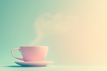 Aufkleber - A tea cup sits elegantly on a saucer as smooth steam rises gracefully, creating a calming atmosphere in a pastel-colored environment. Generative AI
