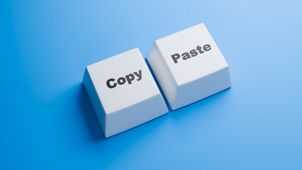 Poster - Copy paste keyboard buttons. Keys for copying and pasting information. Copy paste buttons on blue. Keys for duplicating information conception of creating plagiarism. Copy paste inscription. 3d image