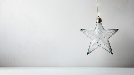   A transparent crystal star dangles from a string on a white table against a white wall background