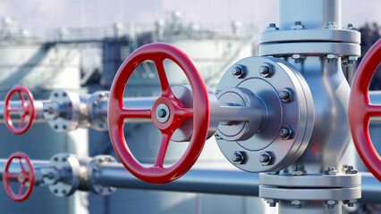 Poster - pipes near oil plant. petroleum industry. red valves on metal pipes. pipeline near oil refinery. pro