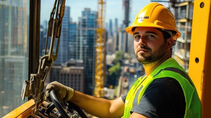 Poster - A crane operator in a bright yellow helmet and vest, looking directly at the camera while operating the crane鈥檚 controls, with a construction site of high-rise structures in the background
