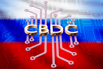 CBDC logo on Russian flag. Central bank digital currency. National cryptocurrency for Russia. CBDC in Russian federation. Blockchain into financial system. CBDC in Russian economy. 3d image