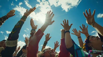 Celebrating unity: dynamic group with raised hands against a blue sky