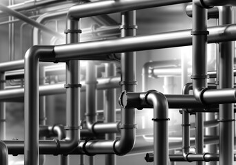 Poster - industrial tangled pipes. steel pipeline inside basement. industrial background. engineering communi