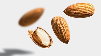   A white background features a close-up of two almonds, with one visible shadow