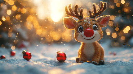 Wall Mural - Cute deer with red background on Christmas snow