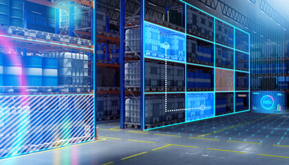 Poster - Warehouse technologies. Storage with machine vision system. Warehouse through eyes of robot. Development of storage technologies. Warehouse with barrels on multi-tiered shelves. 3d image