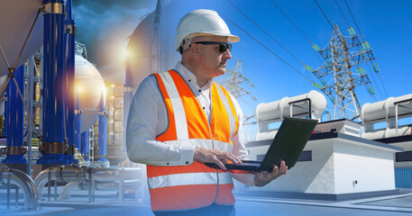 Poster - man industrial technologist. engineer stands near large factory. energy equipment around man with la