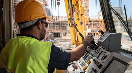 Poster - A crane operator in a high-visibility vest and hard hat, adjusting the crane鈥檚 controls with visible construction materials and rigging in the background, Construction site scene
