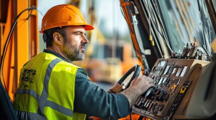 Poster - A crane operator in a high-visibility vest and hard hat, adjusting the crane鈥檚 controls with visible construction materials and rigging in the background, Construction site scene
