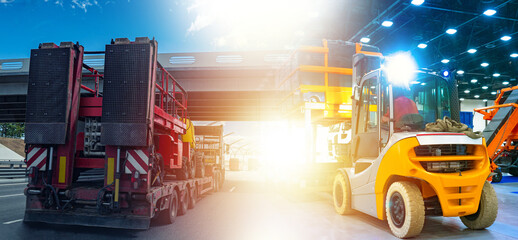 Poster - Engineering vehicles. Special equipment for construction and industry. Truck transports engineering equipment along road. Forklift inside hangar. Sales concept of engineering vehicles.