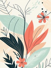 Poster - Delicate doodles featuring various leaves and flowers in soft colors evoke a sense of tranquility and appreciation for nature's beauty. Generative AI