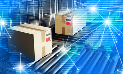 Poster - Cardboard boxes with flag of China. Conveyor with parcels. Delivery goods from China. World map with supply chains. Distribution center conveyor. Boxes from courier delivery. 3d image