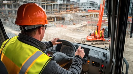 Poster - A crane operator in a high-visibility vest and helmet, adjusting crane controls with a clear view of the construction site through the cab鈥檚 window, Construction site scene