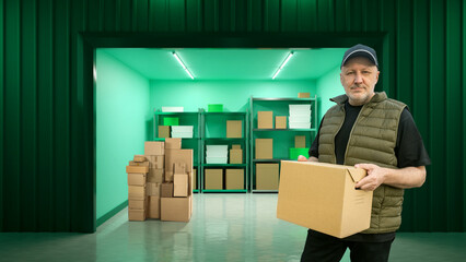 Self storage container near men. Warehouse space rental. Self storage container in building. Corridor with gates to warehouse room. Man picks up parcels from storage container. Place for safekeeping