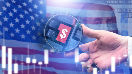 Poster - Financial technologies. Button with dollar sign on keyboard. United states flag. Financial chart shows currency fluctuations. Dollar symbol under magnifying glass. Change in demand for US dollar