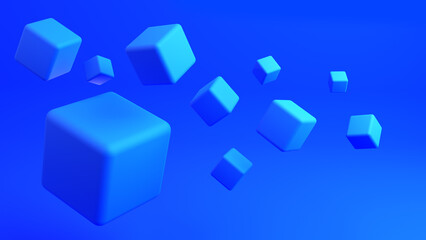Poster - Blue background. Simple backdrop with cubes floating in air. Blue background for design. Texture on abstract theme. Pattern with geometric figure. Volumetric cubes on plain background. 3d image