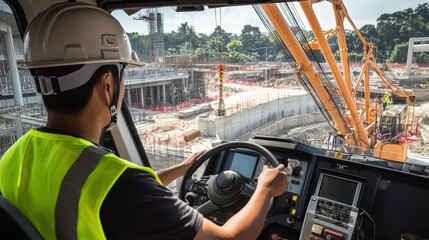 Poster - A crane operator in a high-visibility vest and helmet, adjusting crane controls with a detailed view of the construction site from the cab, Construction site scene