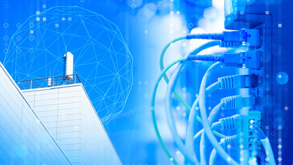Poster - 5g network. Light communication equipment. Antenna for transmitting cellular signal. 5g equipment on roof building. Telecommunication device with internet wires. 5g technology for high-speed internet