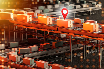 Poster - Parcels travel along conveyor belt. Technological distribution center. Cardboard boxes on conveyor line. Production conveyor inside industrial building. Multi-storey production line. 3d image