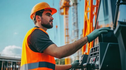 Poster - A crane operator in a high-visibility vest and helmet, adjusting crane controls with a panoramic view of the construction site visible from the cab, Construction site scene