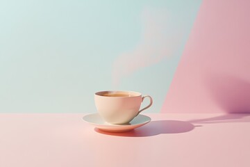 Canvas Print - A delicate tea cup rests on a saucer, with gently curling steam rising above, set against a serene pastel backdrop. Generative AI