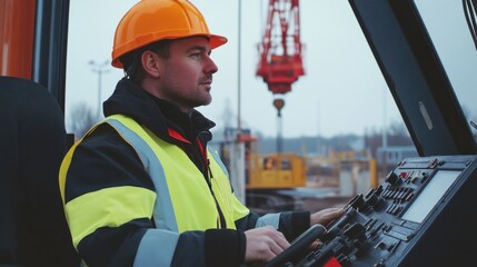 Poster - A crane operator in a high-visibility vest and helmet, adjusting crane levers with a view of the construction site visible through the cab windows, Construction site scene