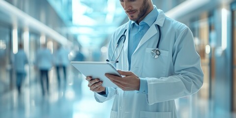 Poster - Doctor in White Coat Using a Tablet in a Modern Hospital Setting