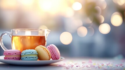   A plate of macaroons and a cup of tea on a table with confetti sprinkles