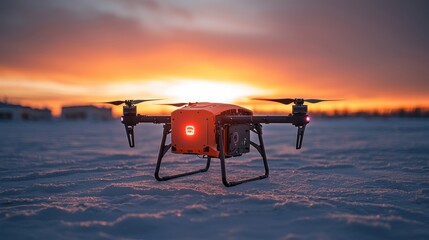 Poster - Orange Drone on Snowy Ground at Sunset