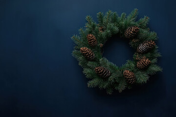 christmas pine wreath with natural cones on a dark blue background