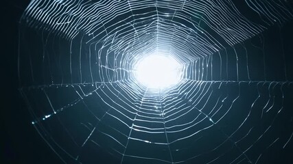 A spiderweb with intricate details illuminated by light in the center against a dark background.