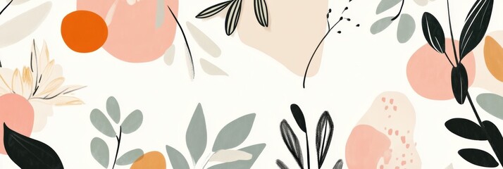 Sticker - This artwork features minimalist doodles of various leaves and flowers in soft colors, creating a serene and calming nature-inspired aesthetic. Generative AI