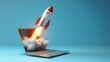 © mozZz - Rocket launch from a laptop screen on blue background, startup success, business growth, strategy target