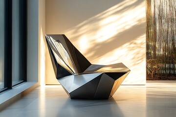 A modern, geometrically shaped chair sits in a sunlit room.