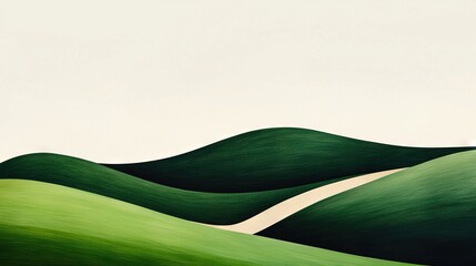   A stunning painting depicts verdant hills with white lines dividing their center