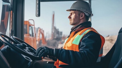 Poster - A crane operator in a reflective vest and helmet, sitting in the crane cab, with a panoramic view of the construction site