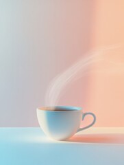 Sticker - A white tea cup releases smooth, curling steam, creating a tranquil atmosphere in a softly lit, pastel-toned environment. Generative AI